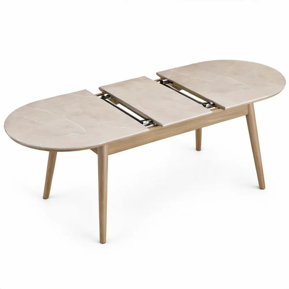 Uitschuifbare ovale eettafel 160-200 x 90 x 75 cm in beige gesinterde steen en lichtbruin rubberhout