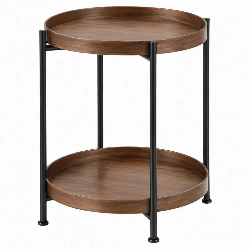 Ronde bijzettafel met 2 dienbladen, 45 x 45 x 60 cm, bruin en zwart
