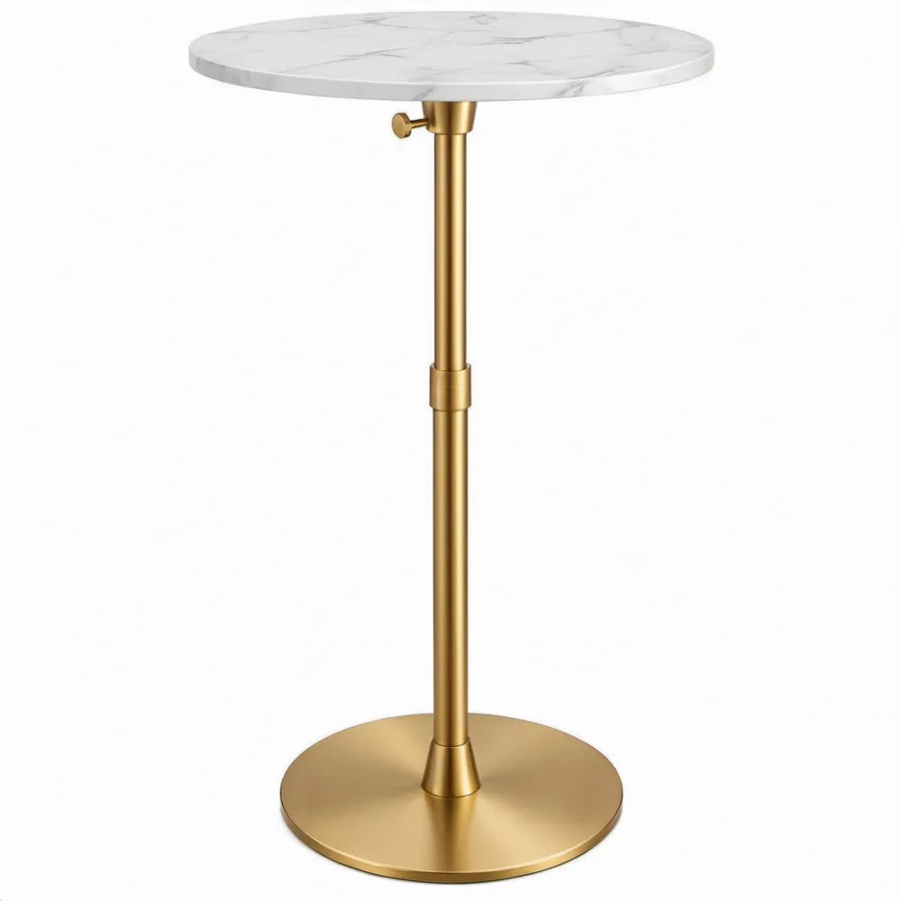 Verstelbare ronde tafel Ø 60 cm, 70-92 cm hoog, wit marmerlook MDF en goudkleurig staal