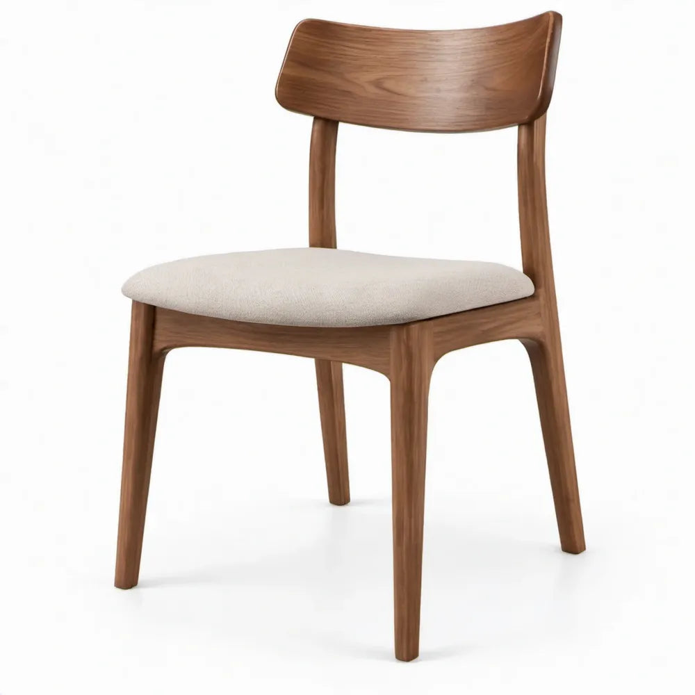 Walnootbruine houten stoel met gebroken witte gestoffeerde zitting, 48 x 54 x 80 cm