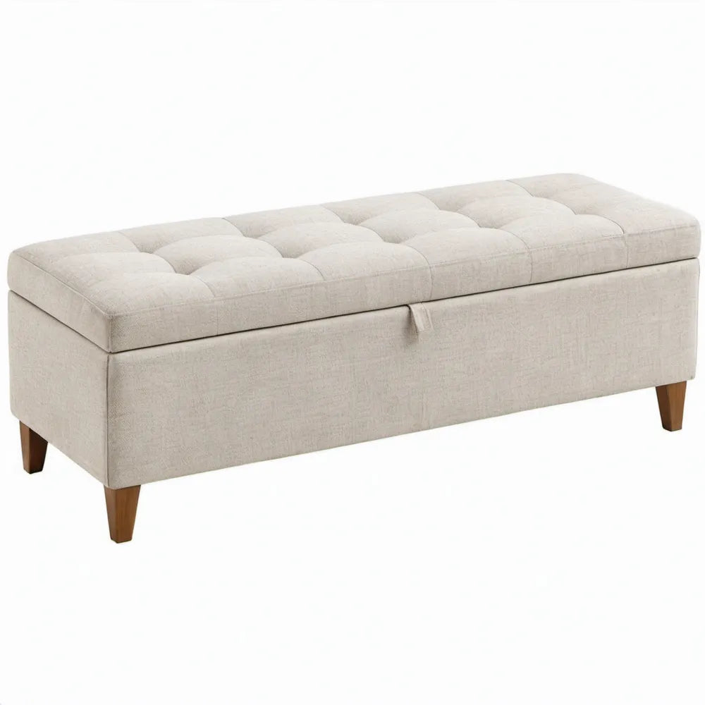 Beige opbergbank met gecapitonneerde zitting en bruine houten poten, 110 x 40 x 45 cm
