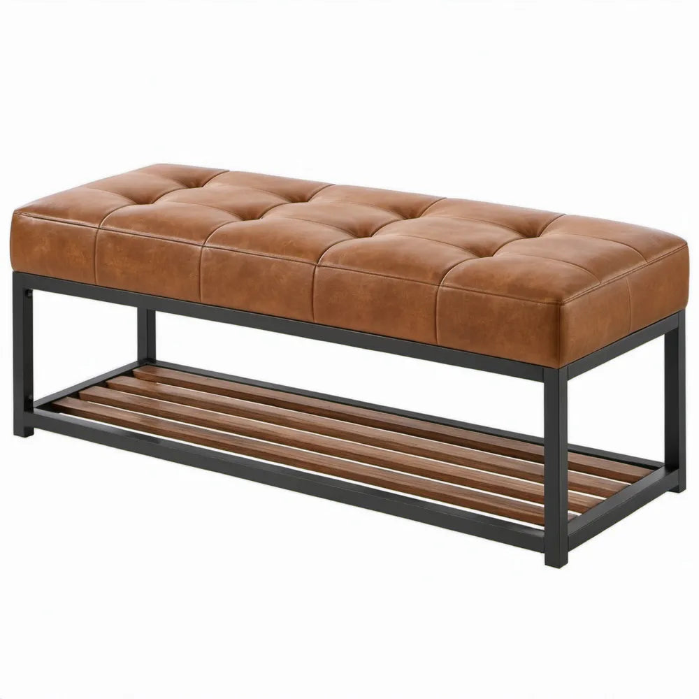 Industriële halbank 120 x 40 x 45 cm van cognackleurig PU-kunstleer met zwart stalen frame