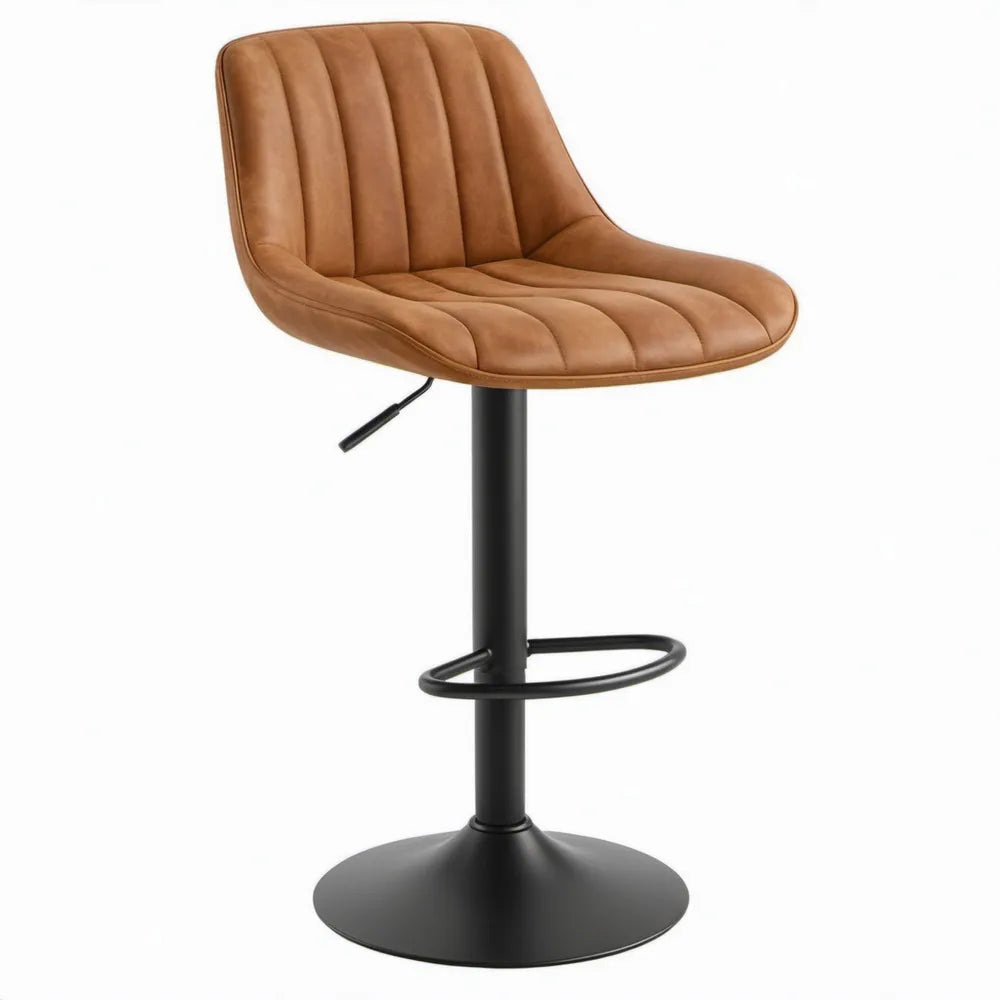 Verstelbare barkruk met rugleuning van cognacbruin PU-kunstleer en zwart staal, 50 x 52 x 90-111 cm