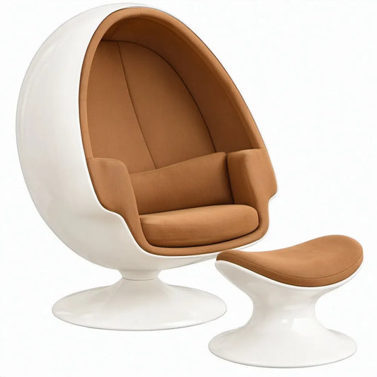 Eivormige fauteuil met voetenbank, 110 x 85 x 135 cm, wit en cognacbruin