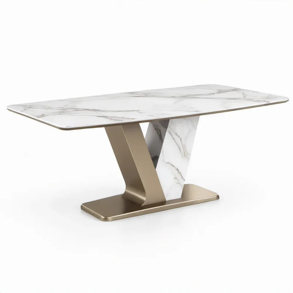 Eettafel 180 x 90 x 75 cm met wit sinterstenen blad, grijs marmerpatroon en goudkleurig roestvrijstalen onderstel