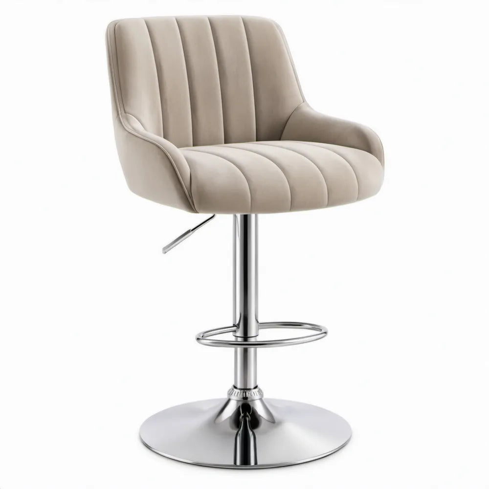 Beige verstelbare barkruk met armleuningen en fluwelen bekleding, 55 x 52 x 90-111 cm