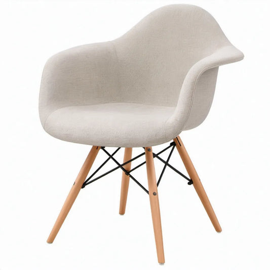 Gestoffeerde fauteuil met armleuningen, crèmekleurige polyester bekleding, beukenhouten poten en zwart stalen onderstel, 57 x 61 x 82 cm