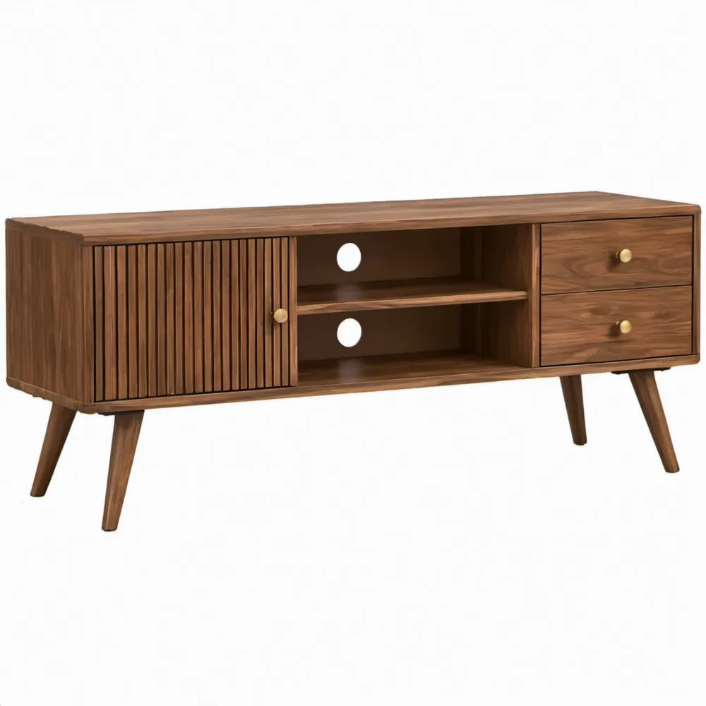 Tv-meubel van massief mangohout met schuifdeur en 2 laden, donkerbruin, 160 x 40 x 60 cm