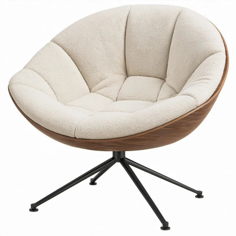 Ronde loungestoel met crèmekleurige bouclé bekleding, walnootfineer en zwart stalen onderstel – 90 x 85 x 85 cm
