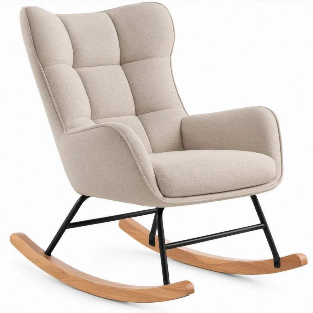 Beige schommelstoel met hoge rugleuning, zwart stalen frame en beukenhouten onderstel, 68 x 92 x 102 cm