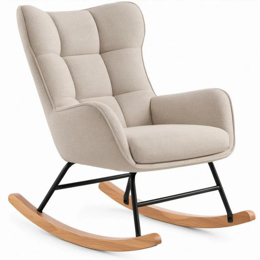 Beige schommelstoel met hoge rugleuning, zwart stalen frame en beukenhouten onderstel, 68 x 92 x 102 cm
