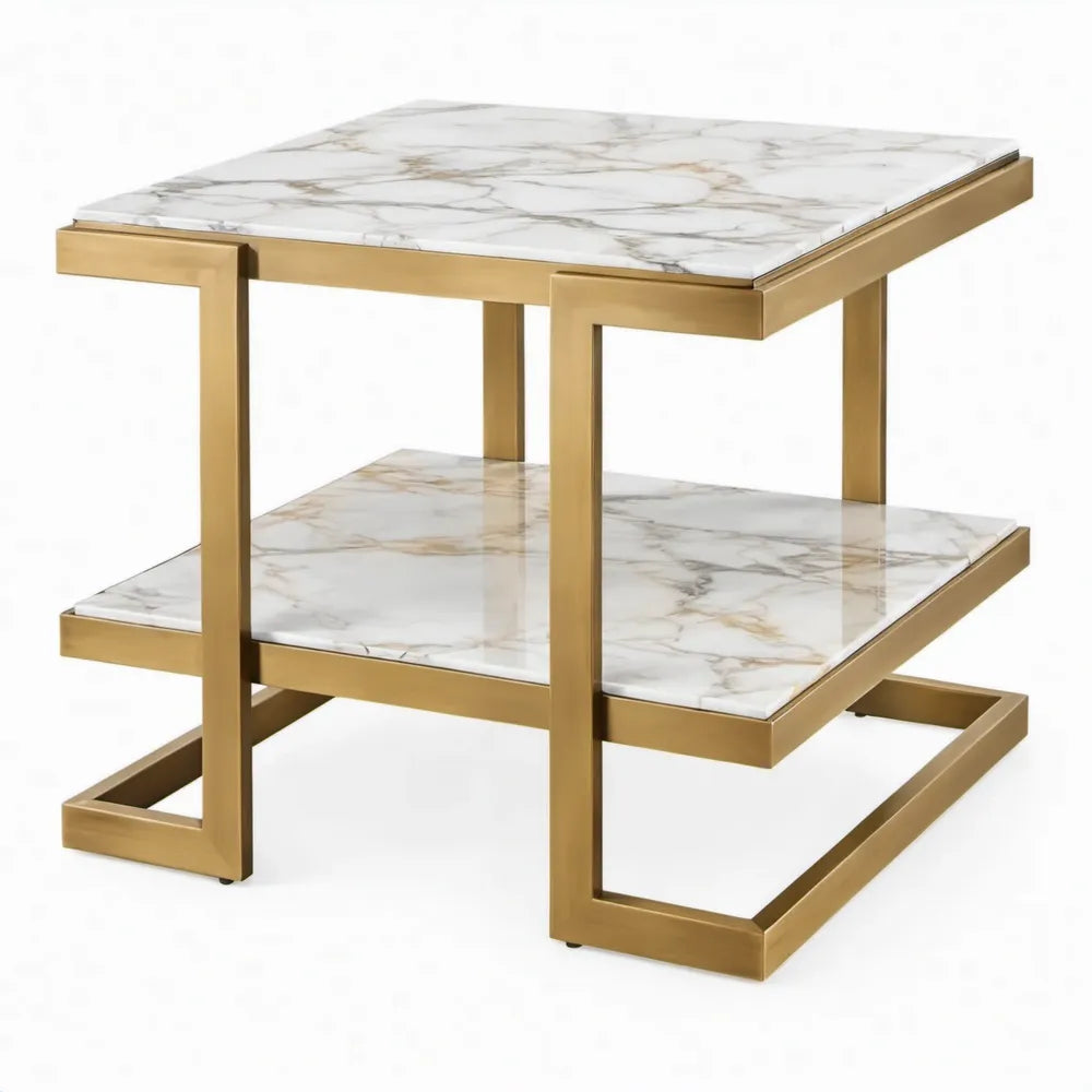 Vierkante bijzettafel met 2 niveaus, 50 x 50 x 55 cm, wit marmerlook en goud