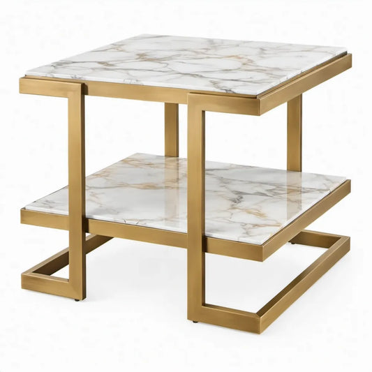 Vierkante bijzettafel met 2 niveaus, 50 x 50 x 55 cm, wit marmerlook en goud