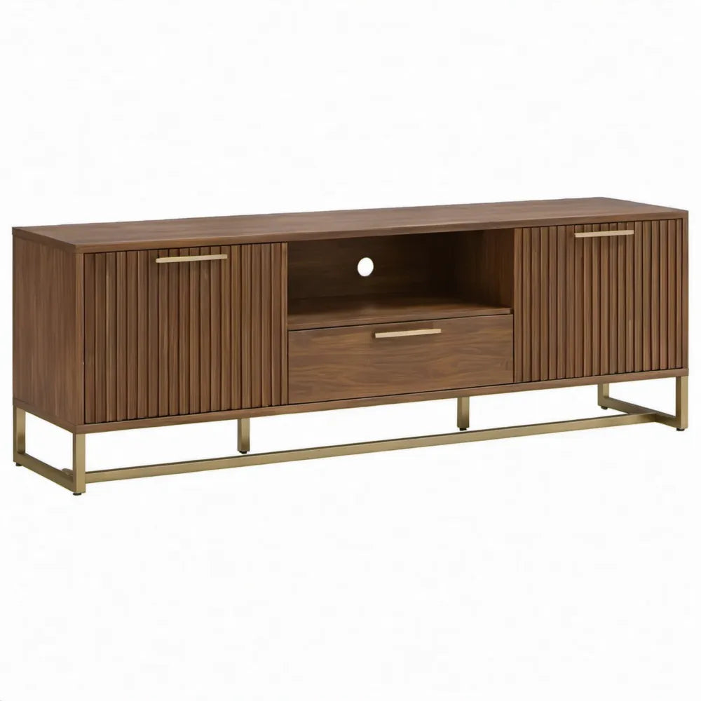 Tv-meubel 180 x 40 x 60 cm met kabeldoorvoer, lade en geribbelde deuren – walnootbruin/goudkleurig