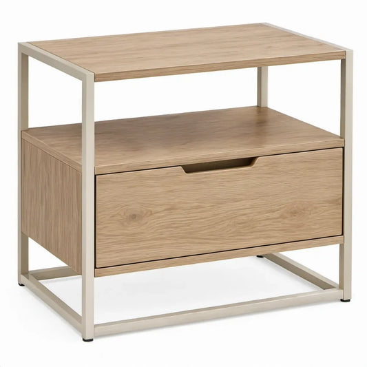 Nachtkastje met lade en open vak, 45 x 35 x 55 cm, naturel eiken en beige