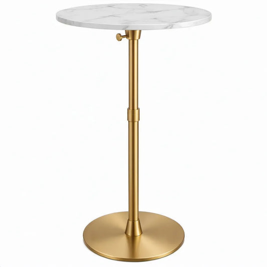 Verstelbare ronde tafel Ø 60 cm, 70-92 cm hoog, wit marmerlook MDF en goudkleurig staal