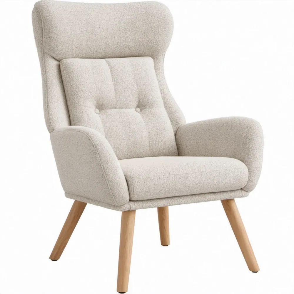 Crèmekleurige oorfauteuil met hoge rugleuning en houten poten, 78 x 86 x 104 cm