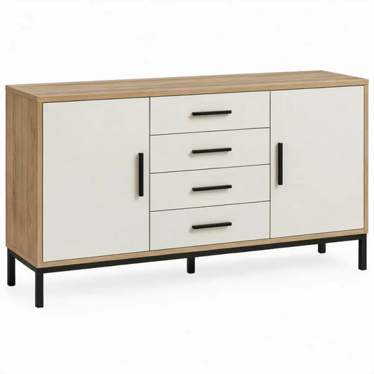 Dressoir met 2 deuren en 4 laden, 140 x 40 x 80 cm, wit eikendecor zwart