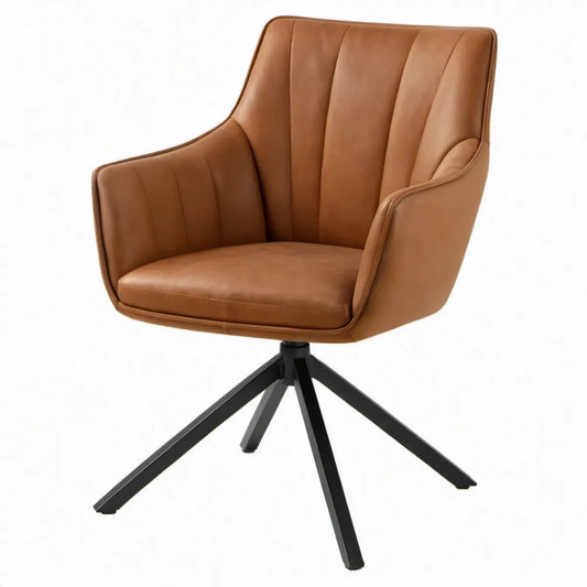 Draaibare armstoel met armleuningen 60 x 65 x 85 cm, cognackleurig PU-kunstleer en zwart stalen onderstel