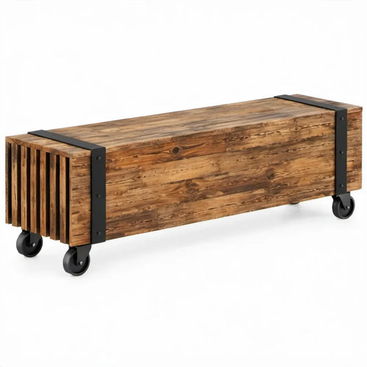 Bruin massief mangohout met zwart staal en wielen – 140 x 40 x 45 cm