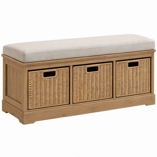 Halbank met 3 rieten manden en beige zitkussen, lichtbruin/naturel, 120 x 40 x 50 cm