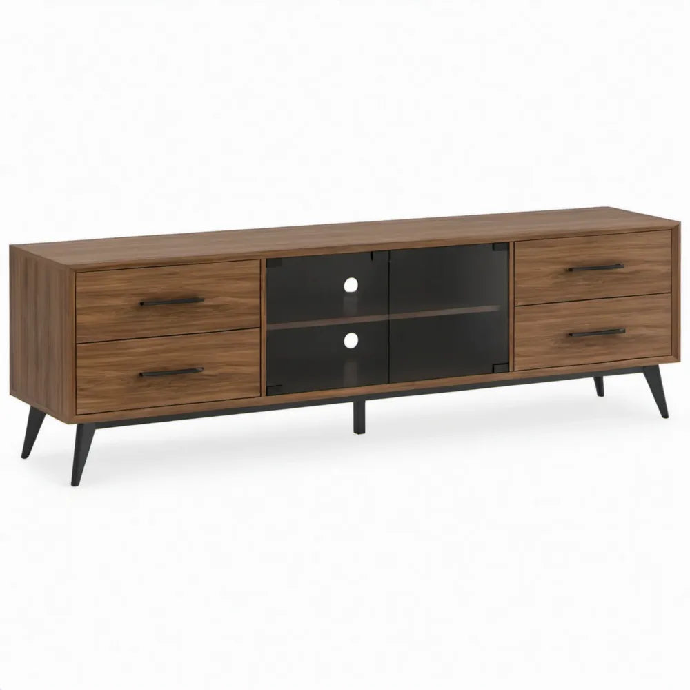 TV-meubel 180 x 40 x 55 cm met 4 lades en 2 glazen deuren – Walnootbruin/Zwart