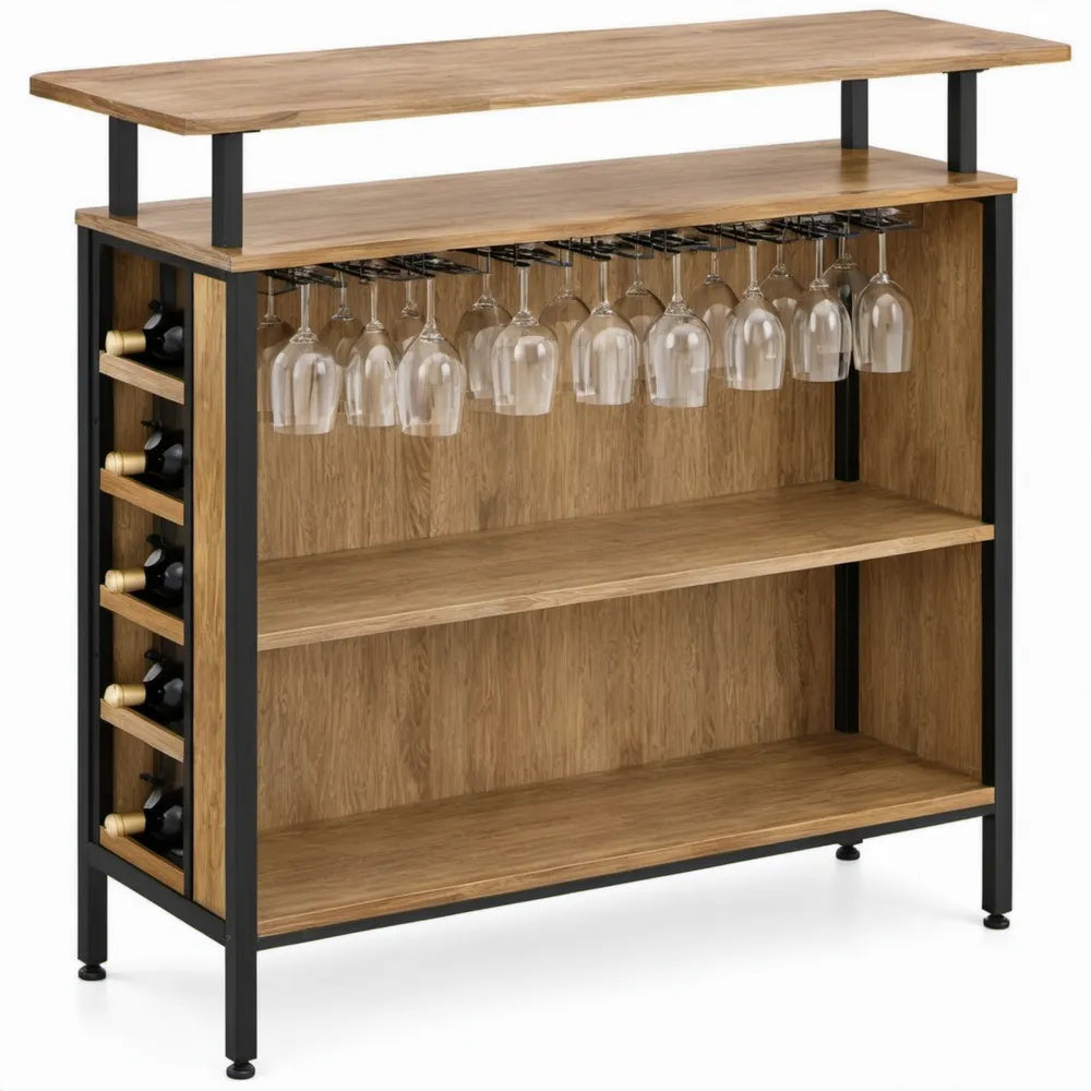 Industriële bartafel met wijnrek en glashouders, 120 x 40 x 105 cm, bruin/zwart