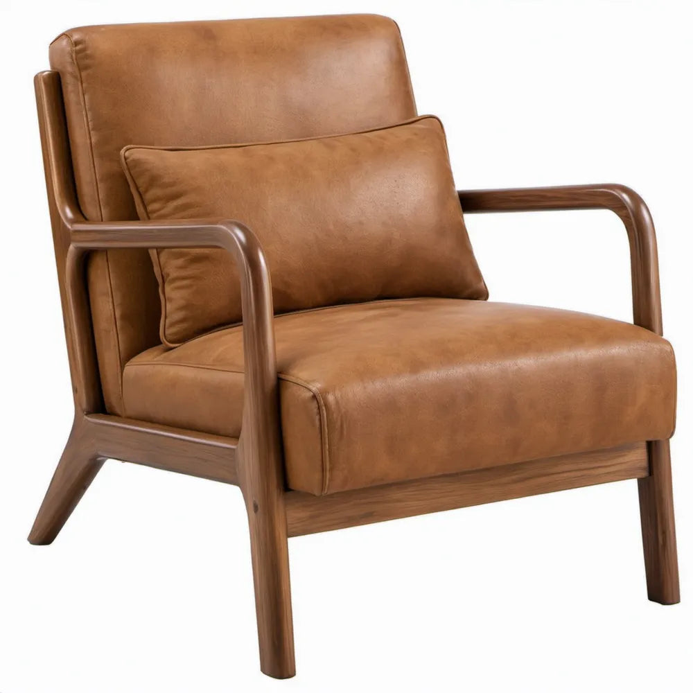 Loungefauteuil met armleuningen, cognacbruin PU-kunstleer en walnootbruin massief hout, 75 x 82 x 88 cm