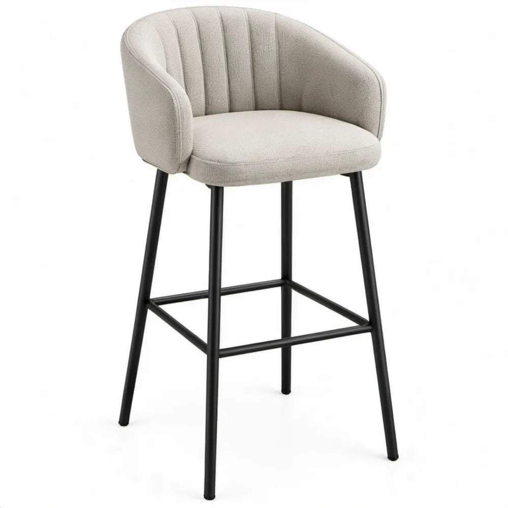 Barkruk met rugleuning 52 x 55 x 100 cm, crèmekleurige bouclé bekleding en zwart stalen onderstel