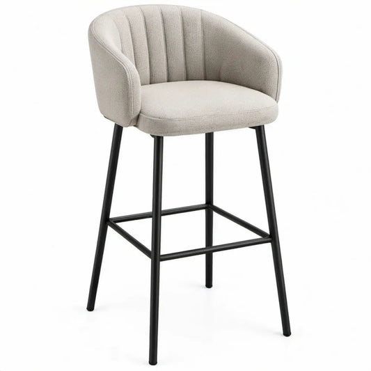 Barkruk met rugleuning 52 x 55 x 100 cm, crèmekleurige bouclé bekleding en zwart stalen onderstel