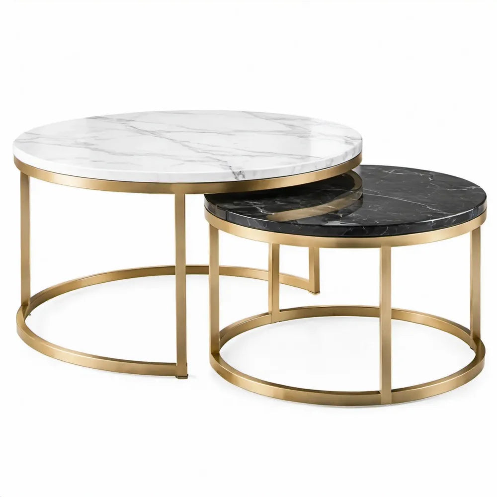Set van 2 ronde salontafels met marmerlook, wit/zwart/goud, Ø 80 x 45 cm en Ø 60 x 40 cm